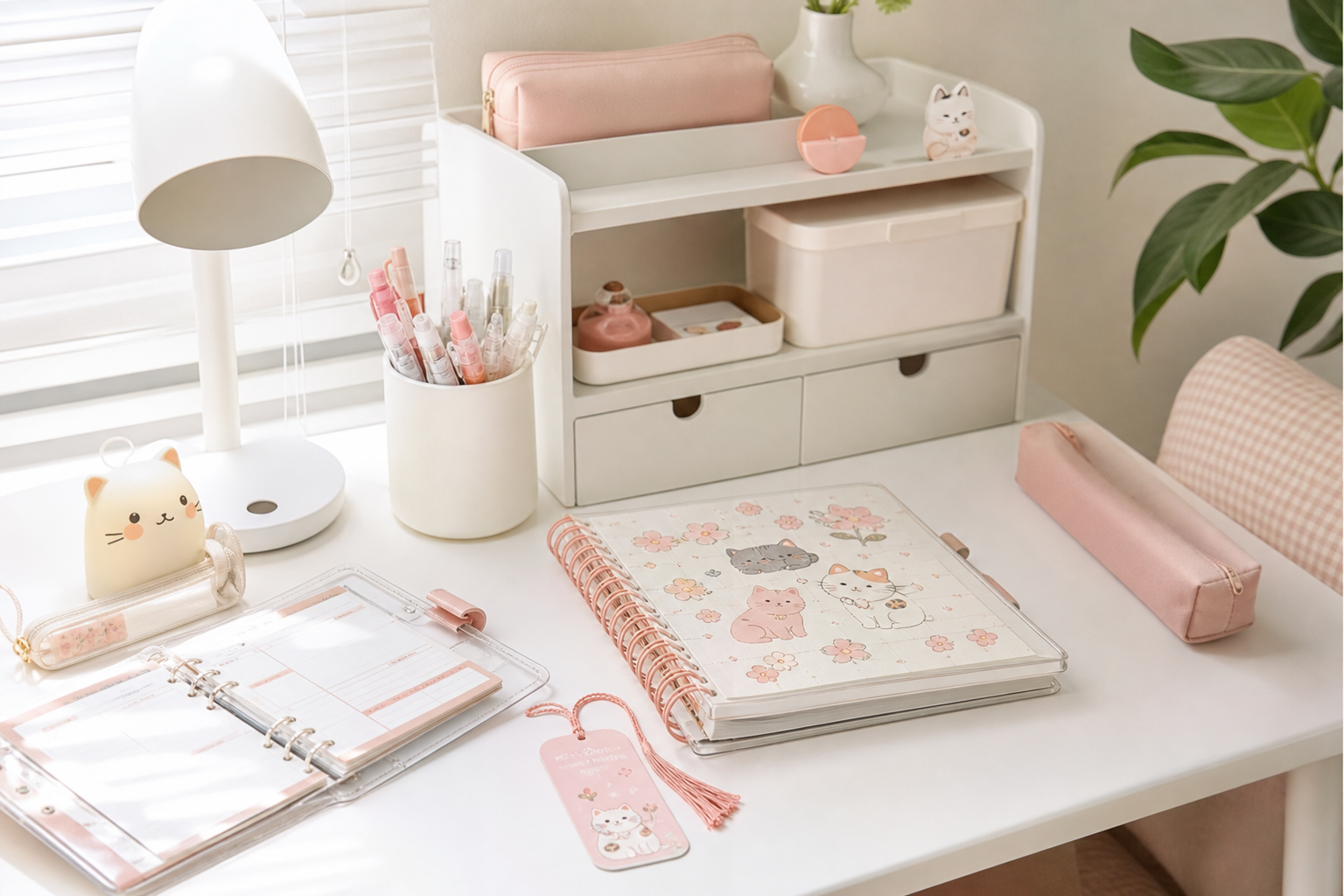 Bàn làm việc được trang trí đẹp với đồ dùng học tập pastel hồng kem, sticker, sổ tay và đèn bàn