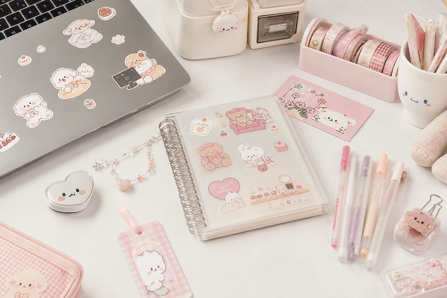 Trang trí bàn làm việc bằng sticker cute trên laptop và sổ tay tông pastel
