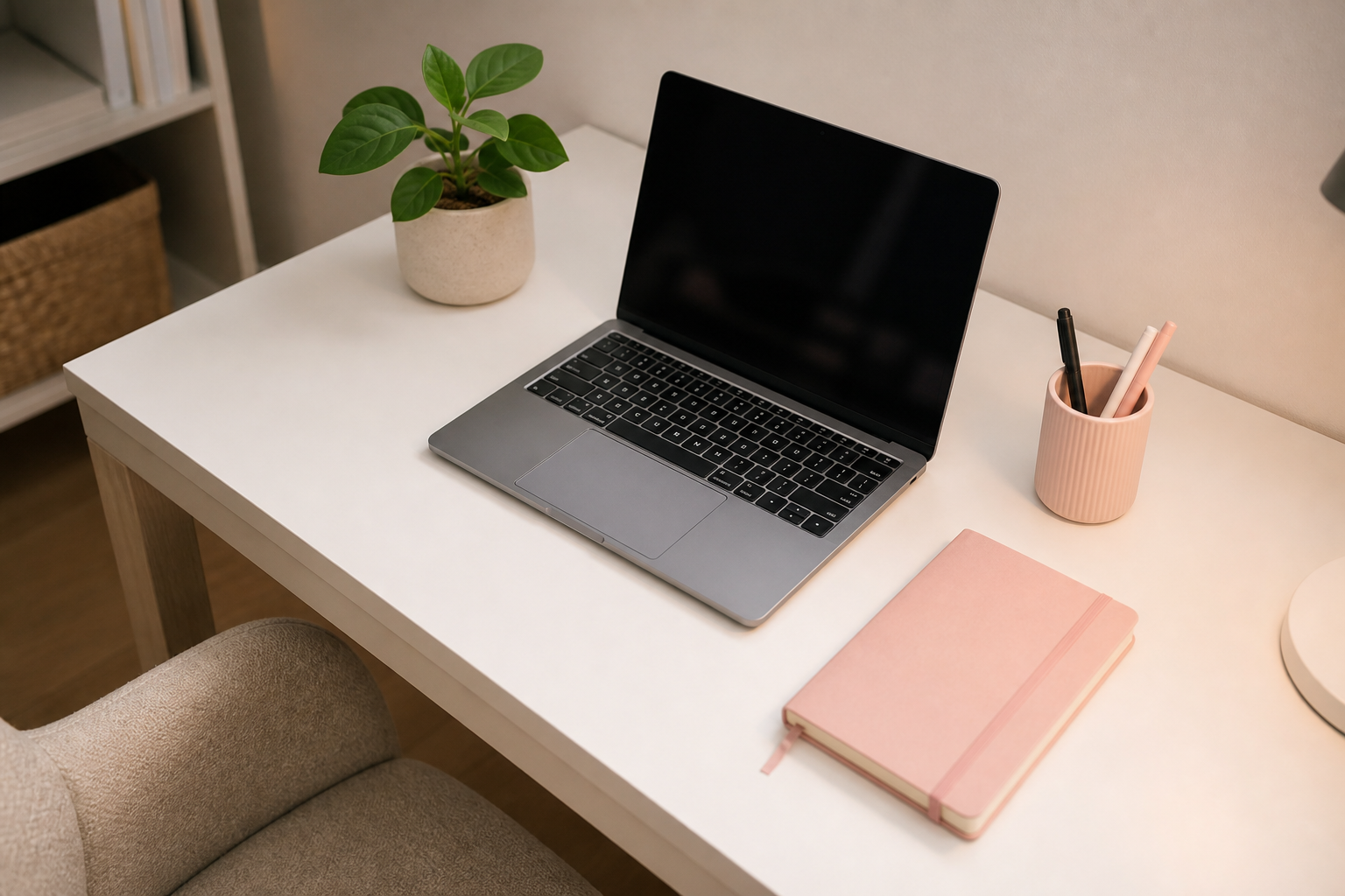Setup bàn làm việc tối giản minimalist với laptop, sổ tay và hộp bút gọn gàng