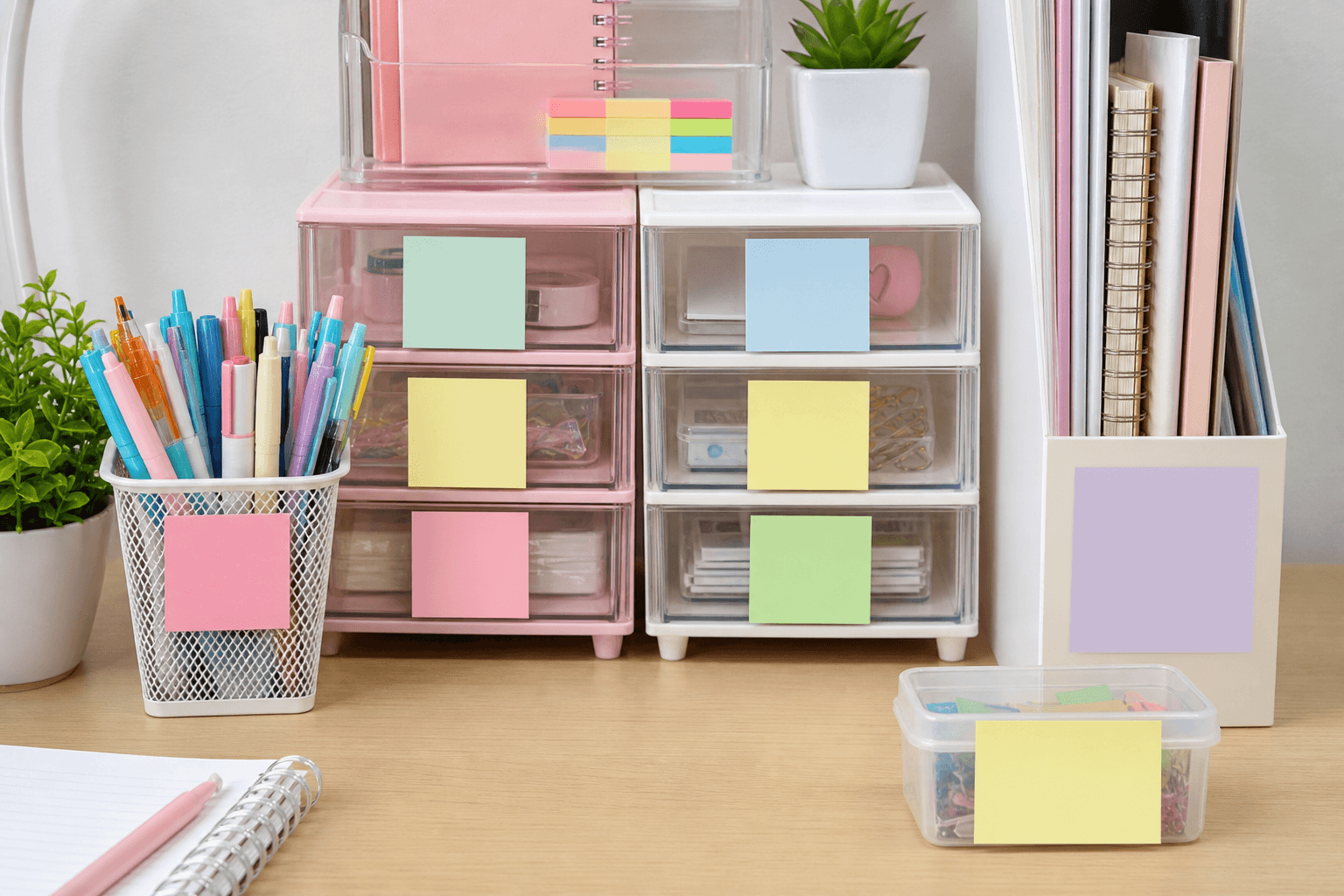 Hộp đựng đồ dùng học tập có nhãn note phân loại gọn gàng trên bàn học