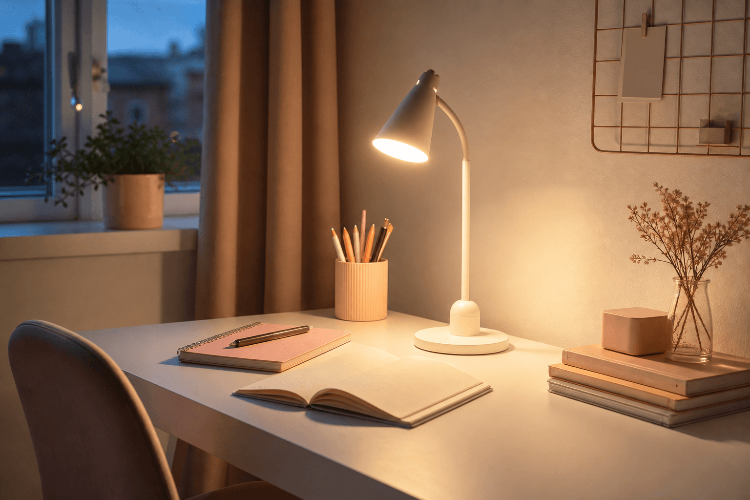 Đèn bàn làm điểm nhấn trong góc học tập tối giản study aesthetic