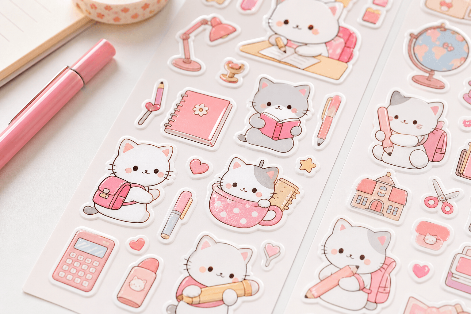 Cụm sticker cute dán gọn trên bìa sổ tay cùng một chủ đề Mèo Kem