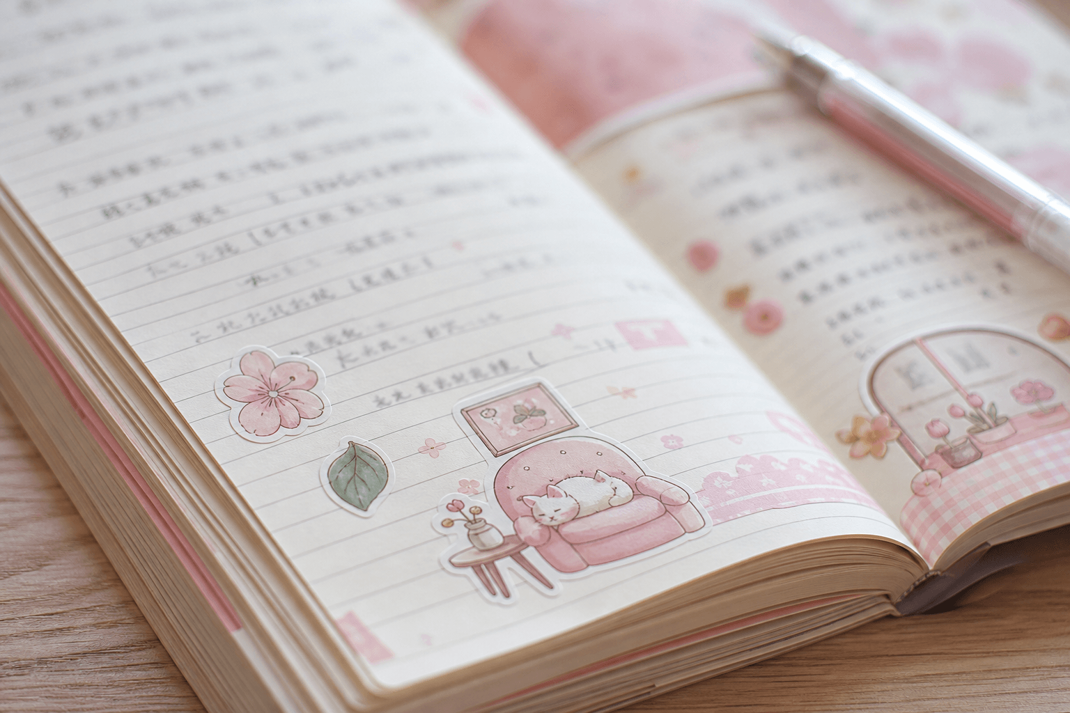 Cận cảnh sổ tay học sinh đã dán sticker cute cùng bút gel tông hồng kem