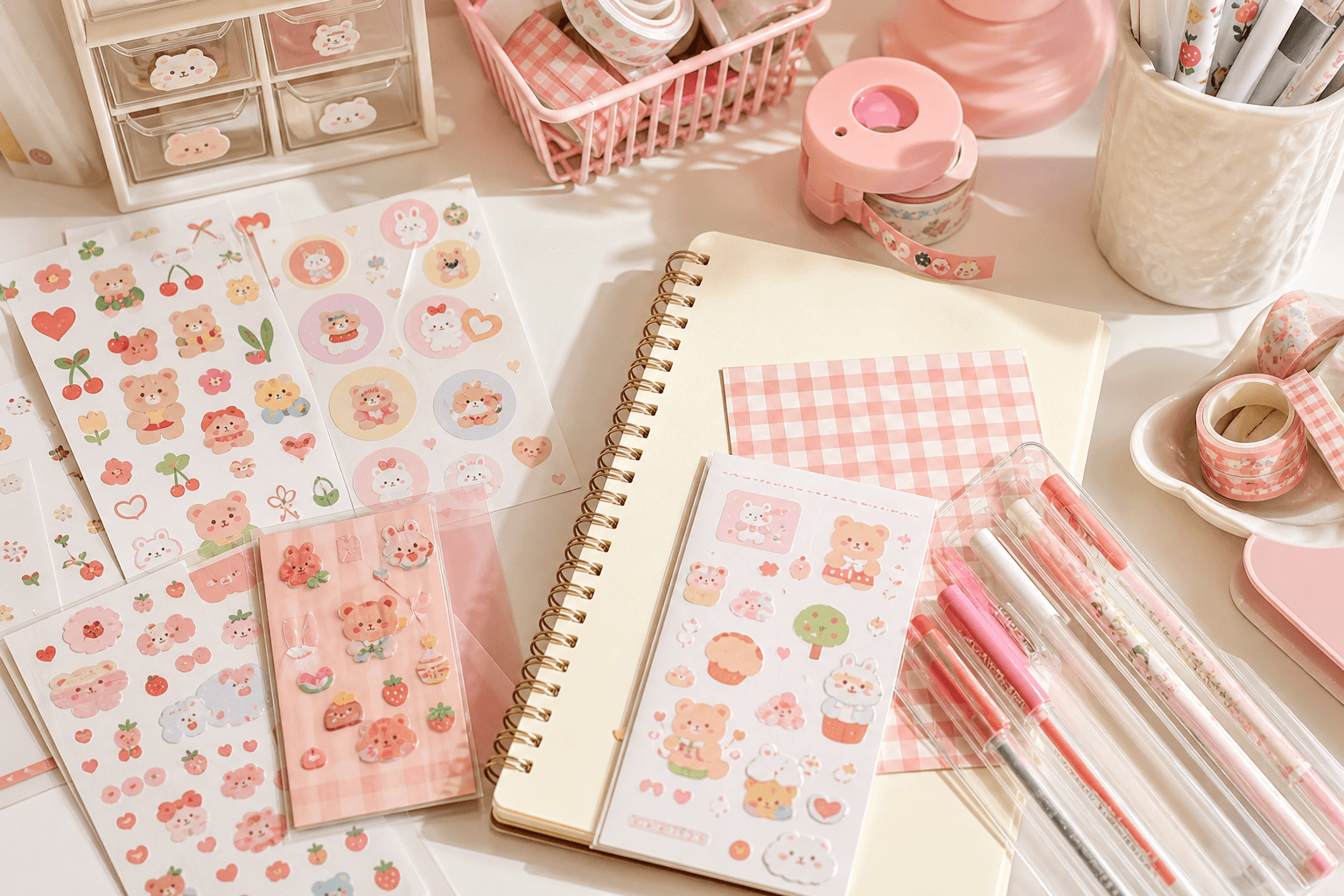 Bộ sưu tập sticker cute cho học sinh: hình dán pastel, nhãn dán Mèo Kem trên bàn học tông hồng kem