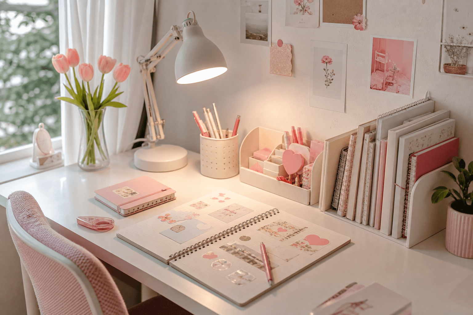 Góc học tập sáng và gọn với sticker cute, nhãn dán, sổ tay, đèn bàn tông hồng kem
