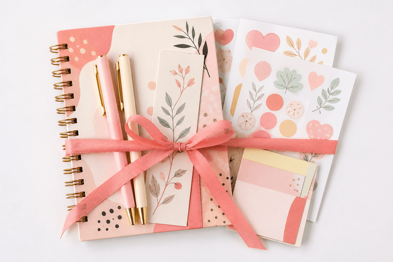Combo đồ dùng tựu trường gồm sổ tay, bút, sticker và bookmark đồng bộ màu hồng kem